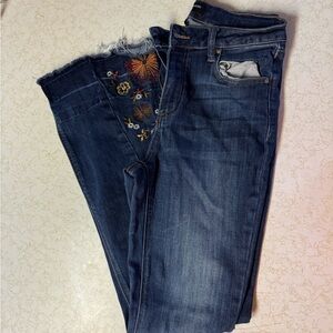 Ashley Mason Distressed Blue Jeans with Floral Embroidery